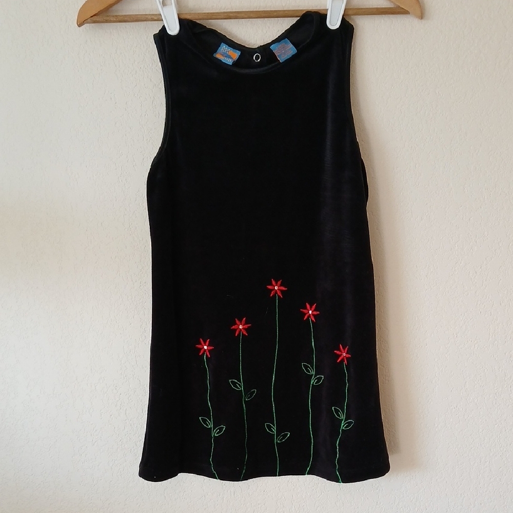 Vintage Girls Black Velvet Sleeveless Dress With Embroidered Flowers